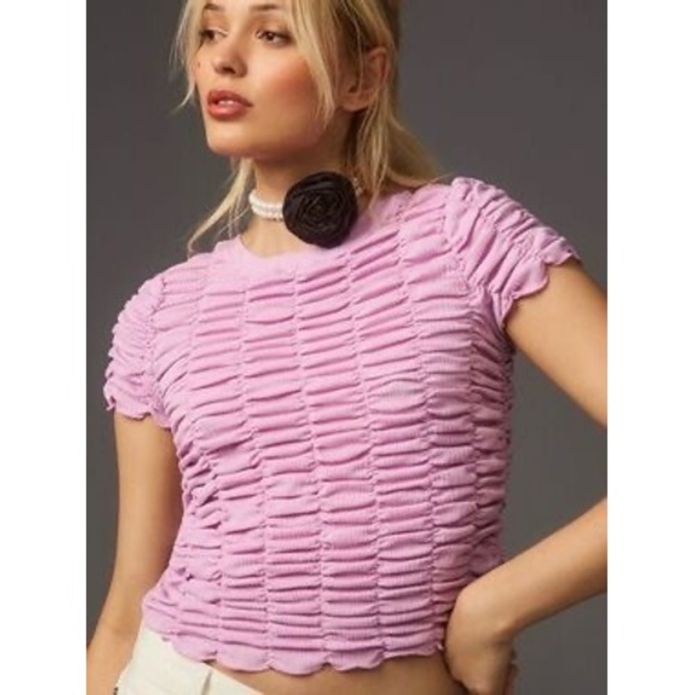 Anthropologie Smocked‎ Short Sleeve Tee Lavender Lilac Textured Crop Top